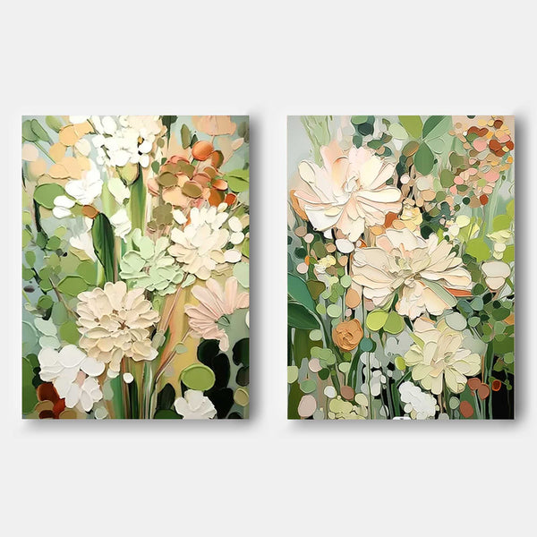 Set of 2 Sage Color Abstract Oil Paintings Contemporary Flower Canvas Wall Art Floral Spring Artwork