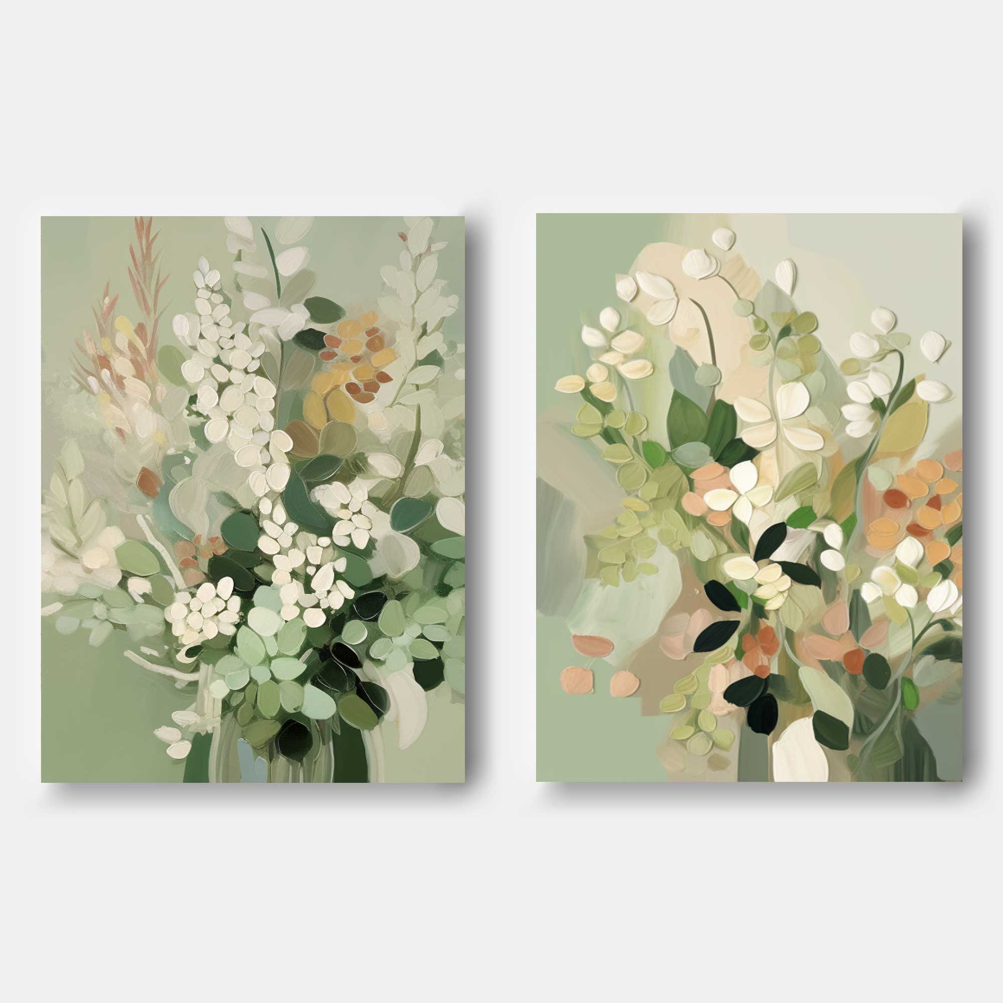 Set of 2 Green Abstract Oil Paintings Impressionism Flower Canvas Wall Art Floral Spring Artwork