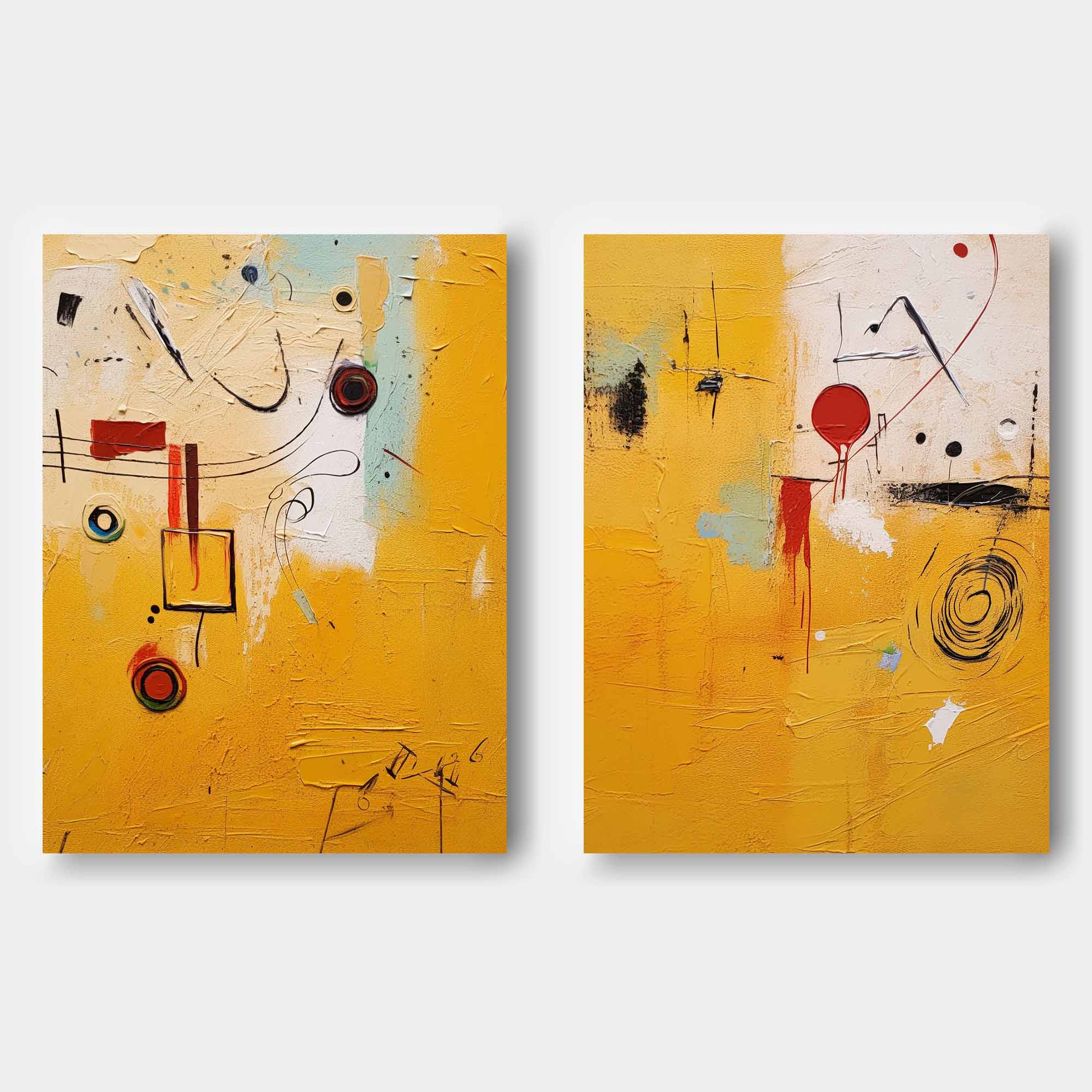 Set of 2 Yellow Large Abstract Graffiti Oil Painting Modern Wall Art Original Texture acrylic Painting Living Room Decor