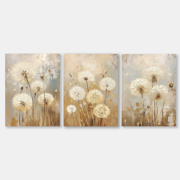 Set of 3 white Dandelion Abstract Oil Paintings Contemporary Flower Canvas Wall Art Floral Spring Artwork