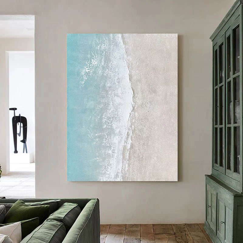 Abstract Original Beach Oil Painting On Canvas Large Blue Ocean Wall Art Seascape Painting Living room Wall Decor