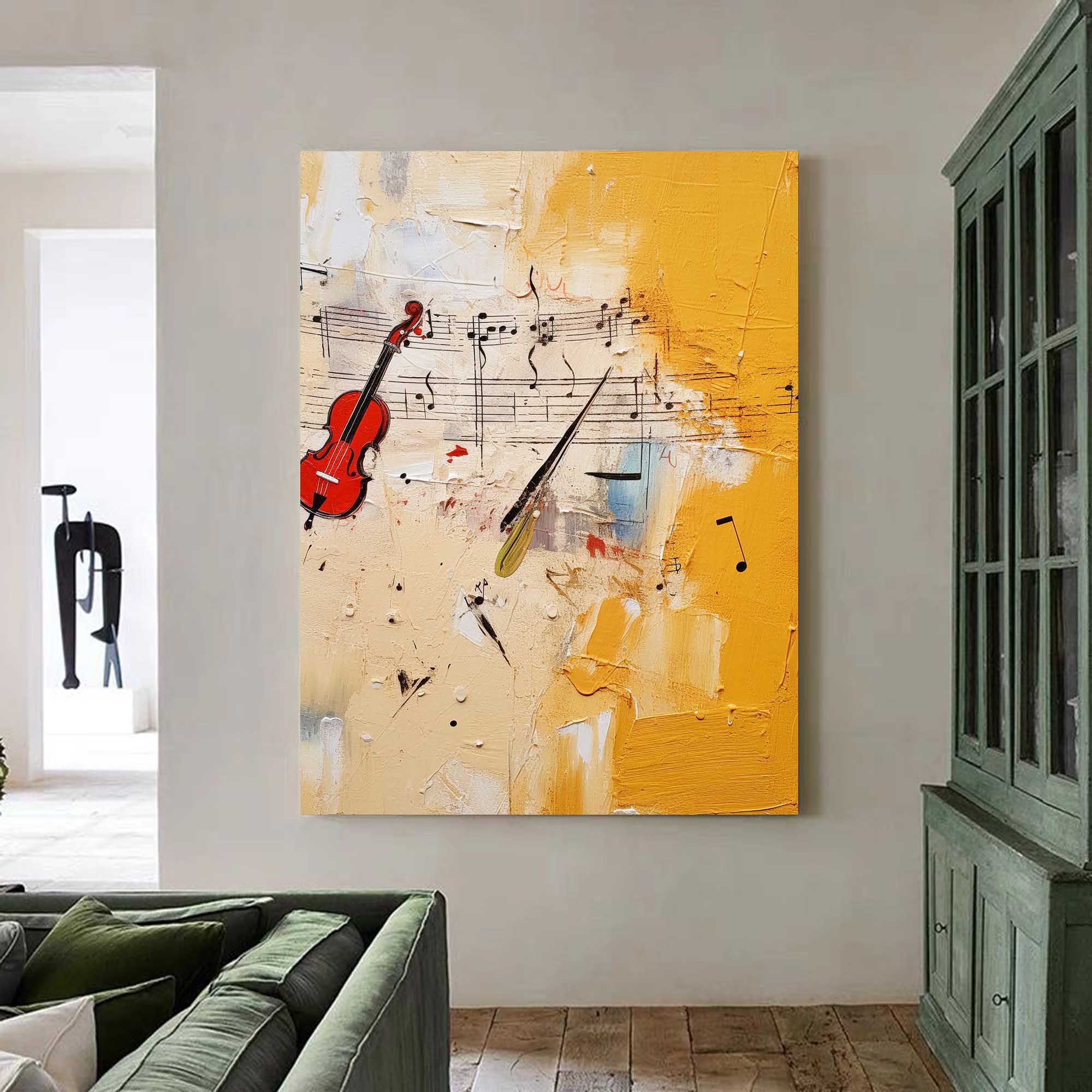 Bright Modern Violin Notes Abstract Wall Art Original Oil Painting Canvas Large Yellow Oil Painting for Home Decor