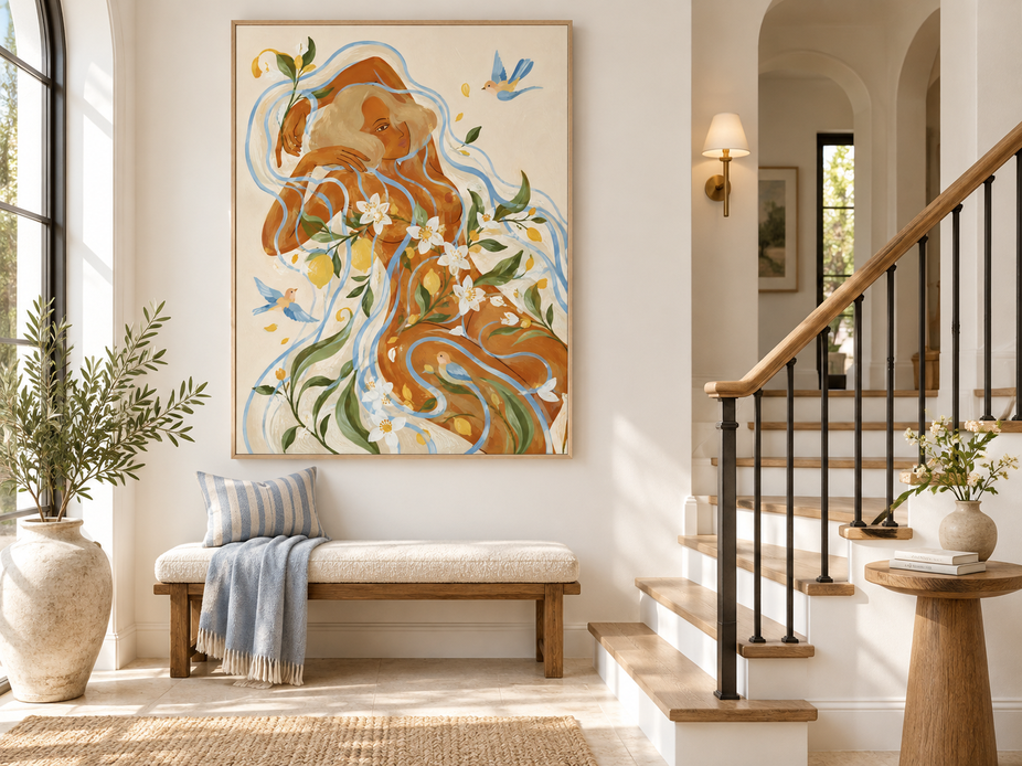 Hand-Painted Woman With Lemon Flowers And Birds Canvas Art