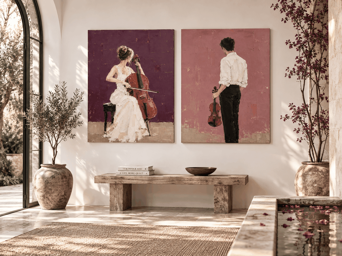 Hand-Painted Music Couple Art With Cello And Violin On Canvas