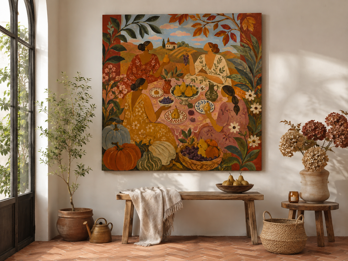 Fantasy Style Original Canvas Painting Of Outdoor Picnic With Floral Details