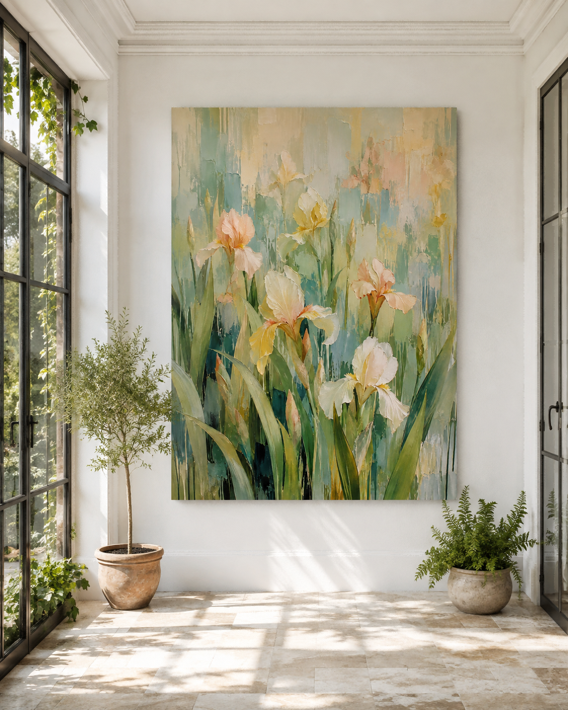 Abstract Champagne Iris Flower Canvas Painting Hand-Painted Wall Art Modern Impasto Abstract Art With Warm Beige Tones Original Canvas