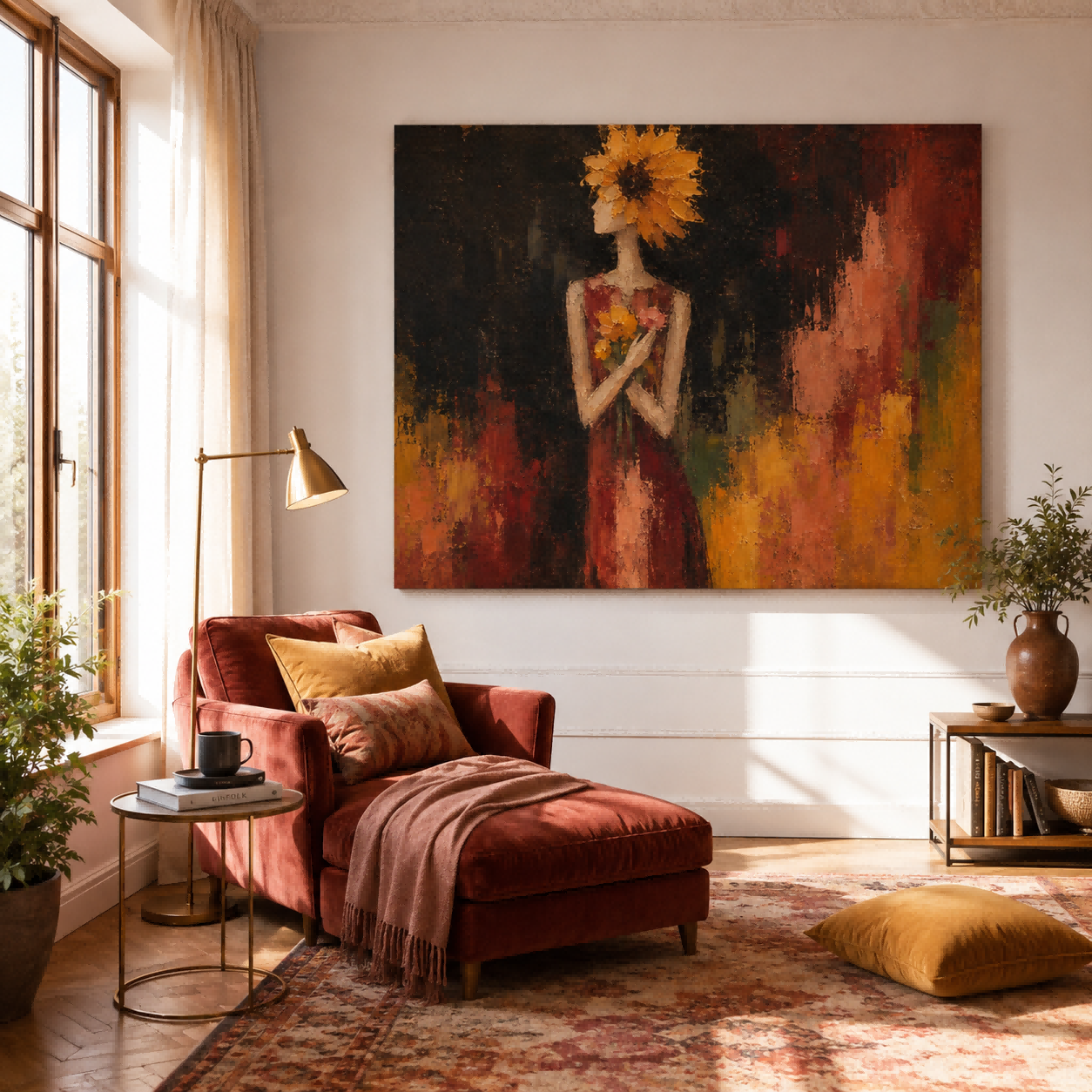 Vintage Sunflower Woman Painting Abstract Floral Portrait Art For Living Room Wall Decor