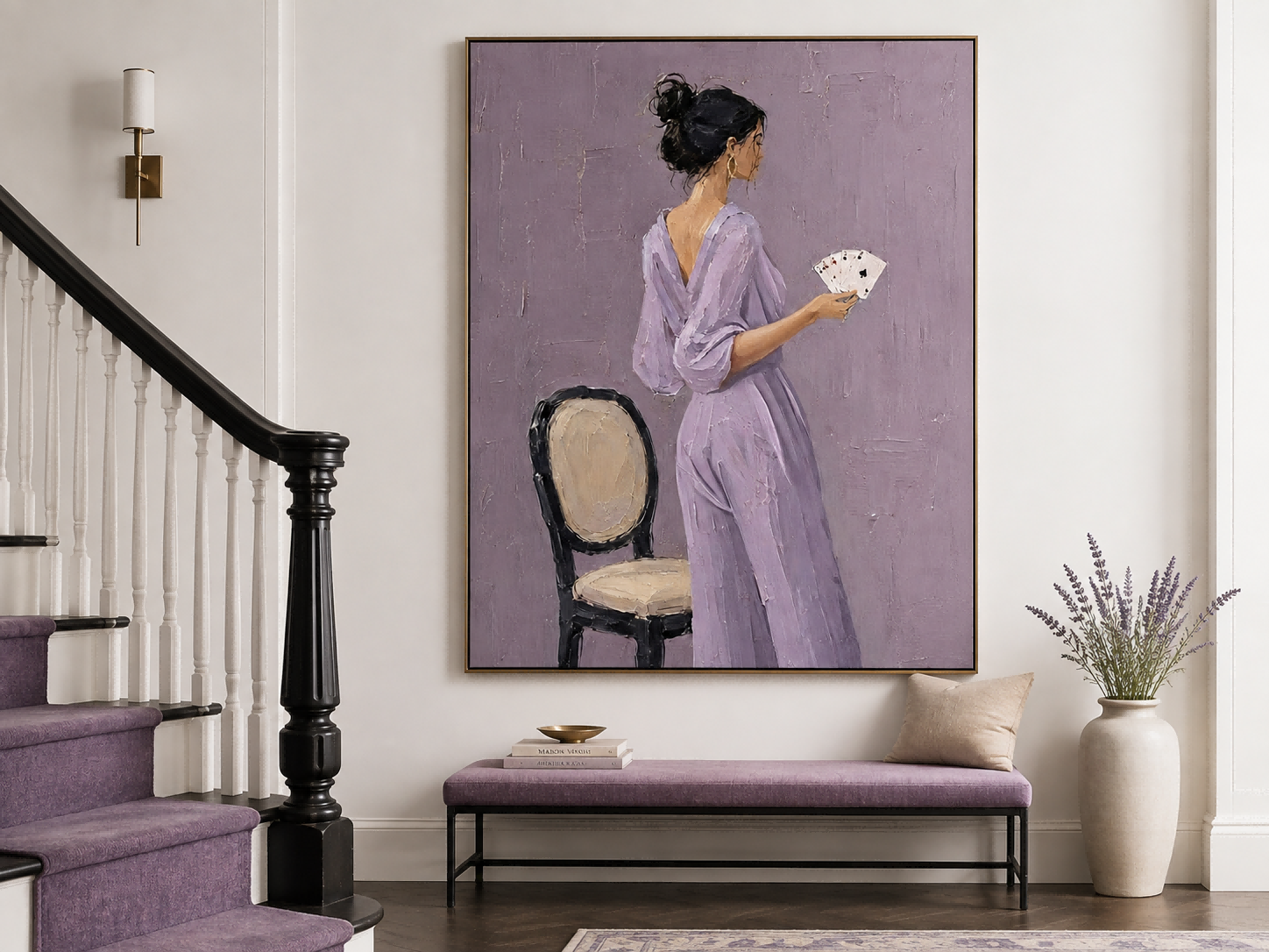 Modern Impasto Oil Painting Of Woman In Purple Jumpsuit With Playing Cards For Living Room