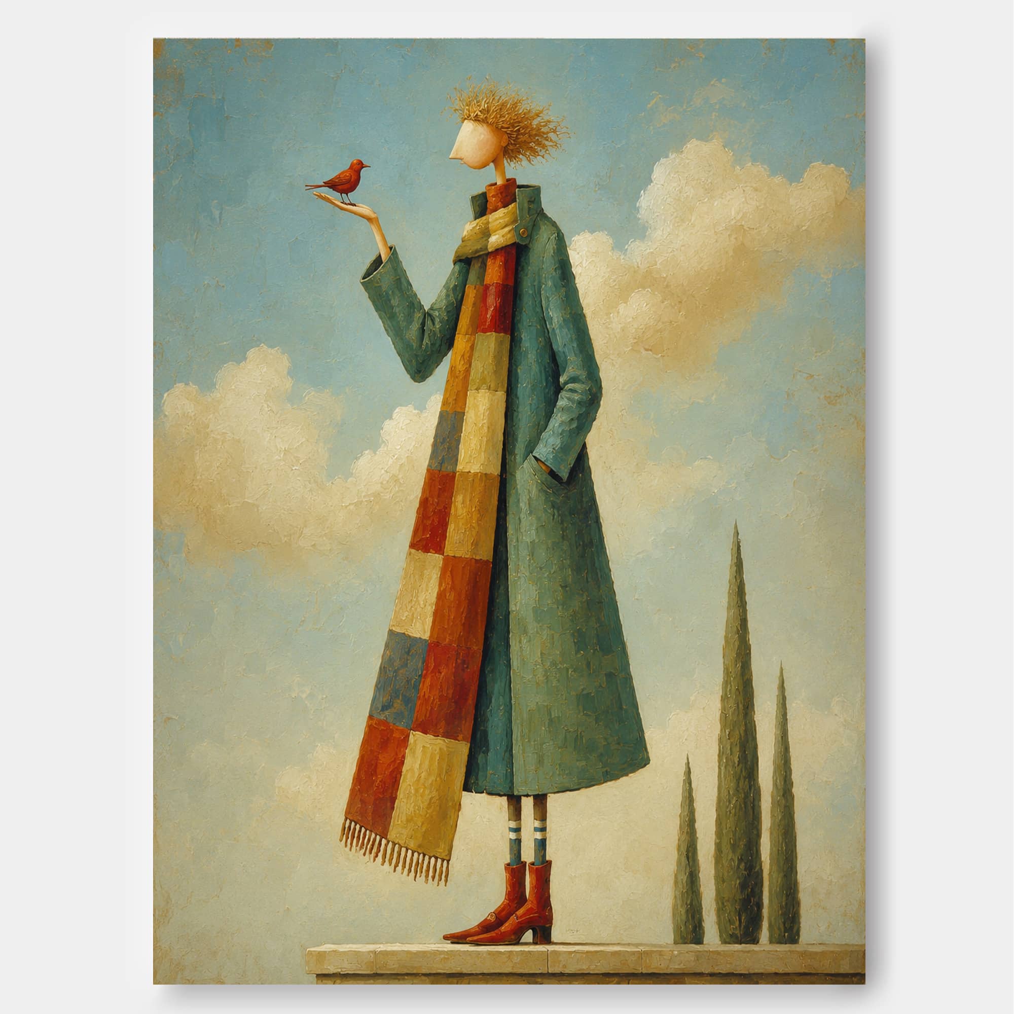 Whimsical Art Deco Painting With Textured Brushwork And Dreamy Sky Atmosphere