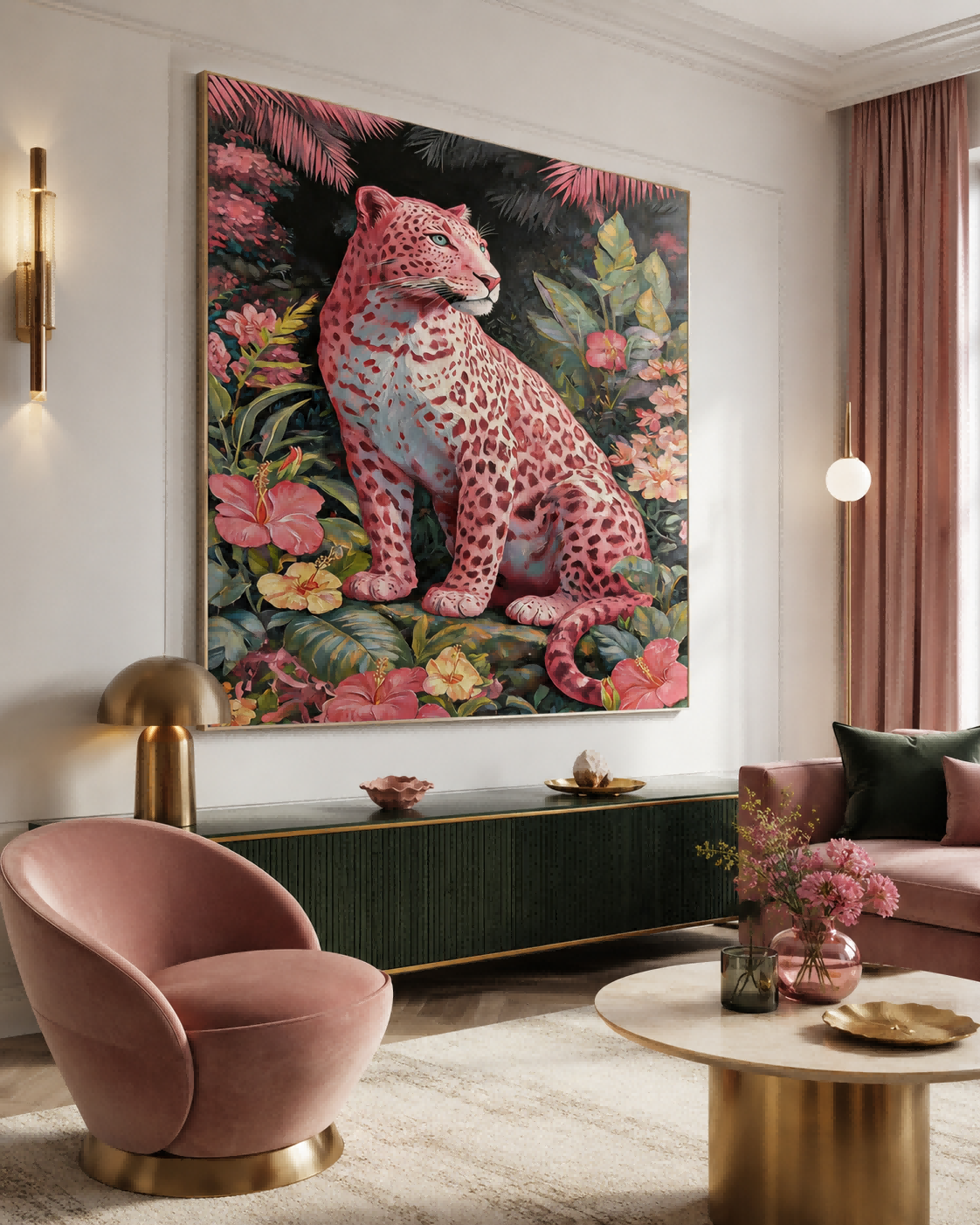 Square Canvas Art Featuring Pink Panther And Hibiscus Flowers Design