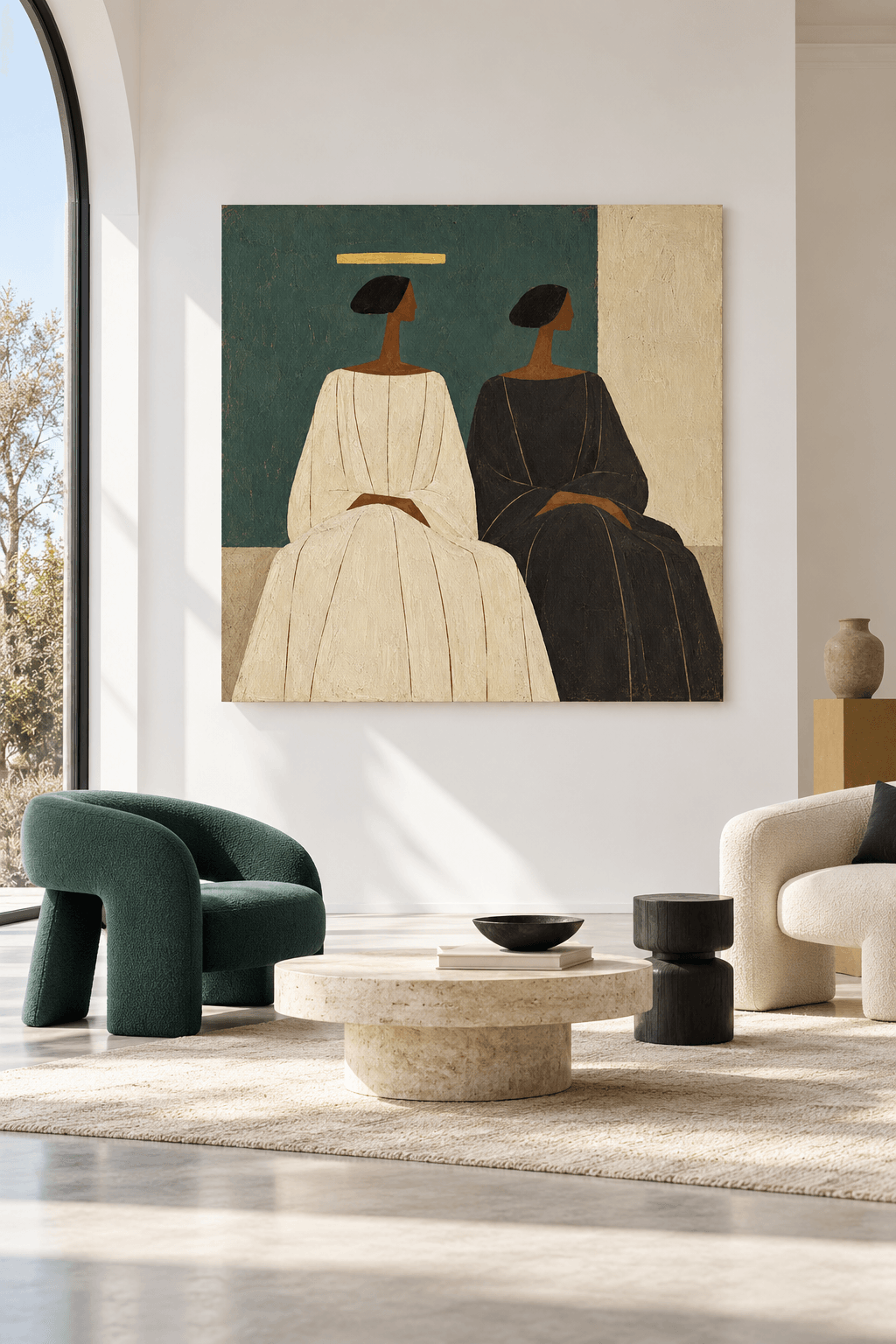 Two Women In Robes Canvas Painting With Gold Halo On Green Background