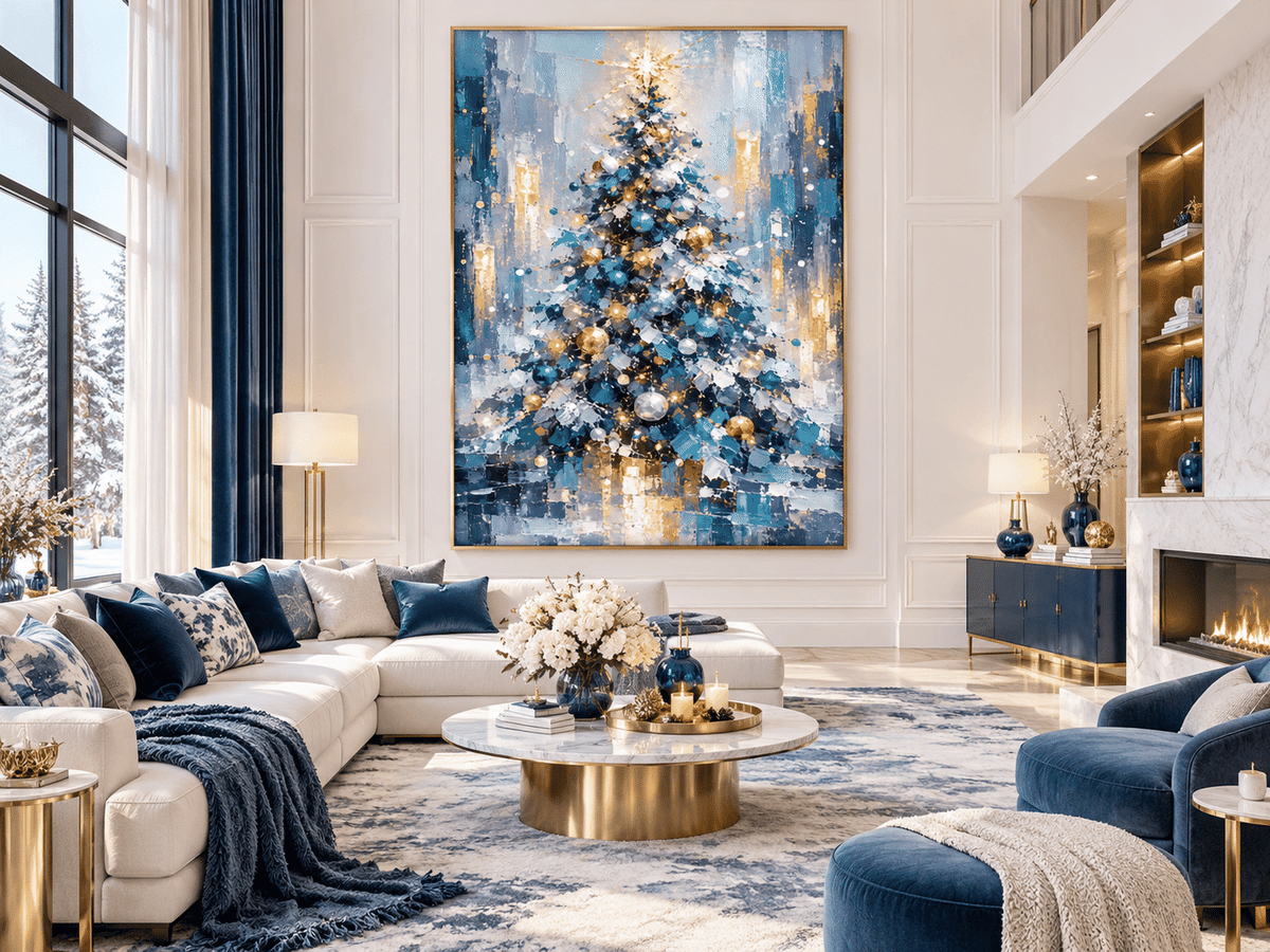 Textured Abstract Art With Vintage Touch Abstract Blue And Gold Christmas Tree Canvas Painting Hand-Painted Modern Holiday Wall Art