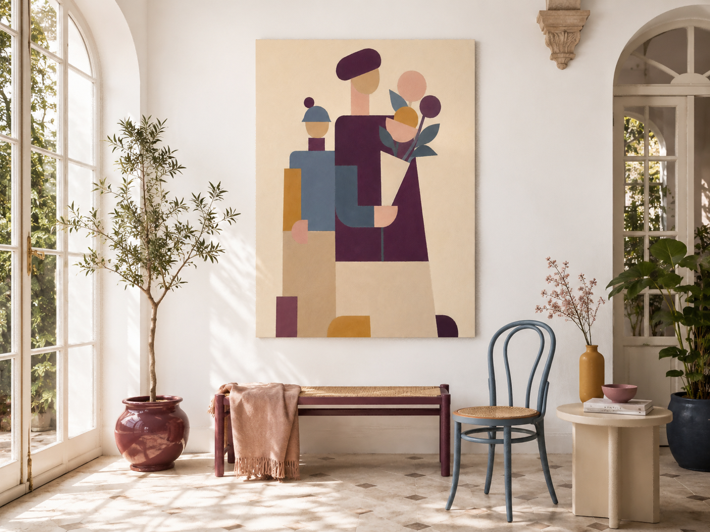 Contemporary Abstract Oil Painting With Flat Design And Earthy Color Palette