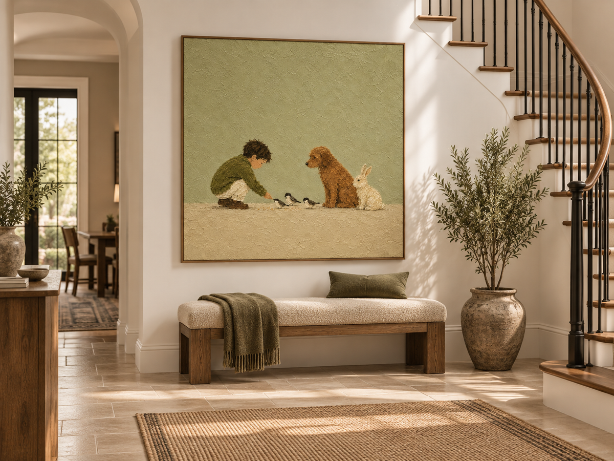 Modern Abstract Storytelling Art With Textured Olive Background