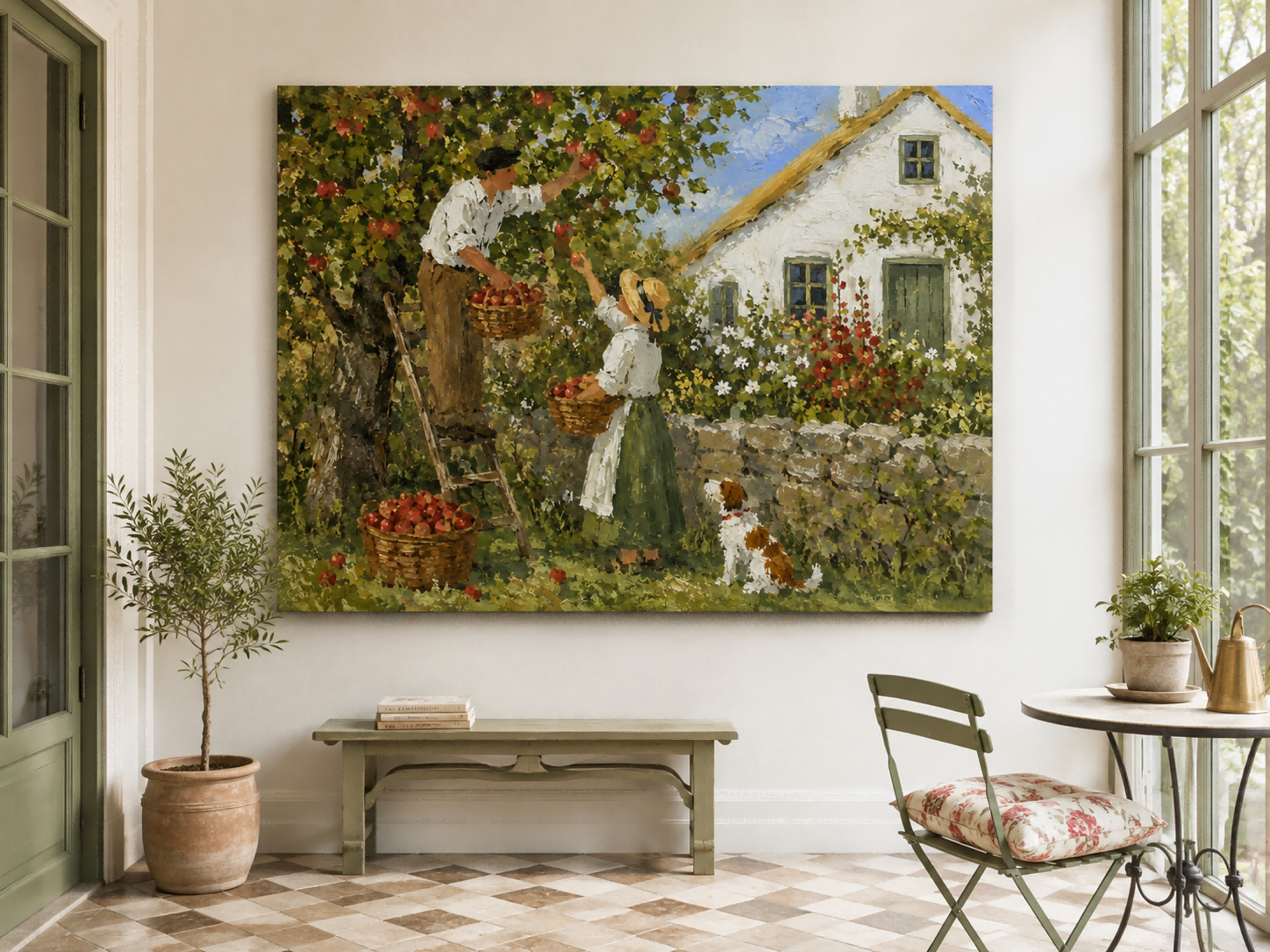 Pastoral Oil Painting Style Canvas Art Of Apple Orchard Harvest With Stone Wall And Flower Garden