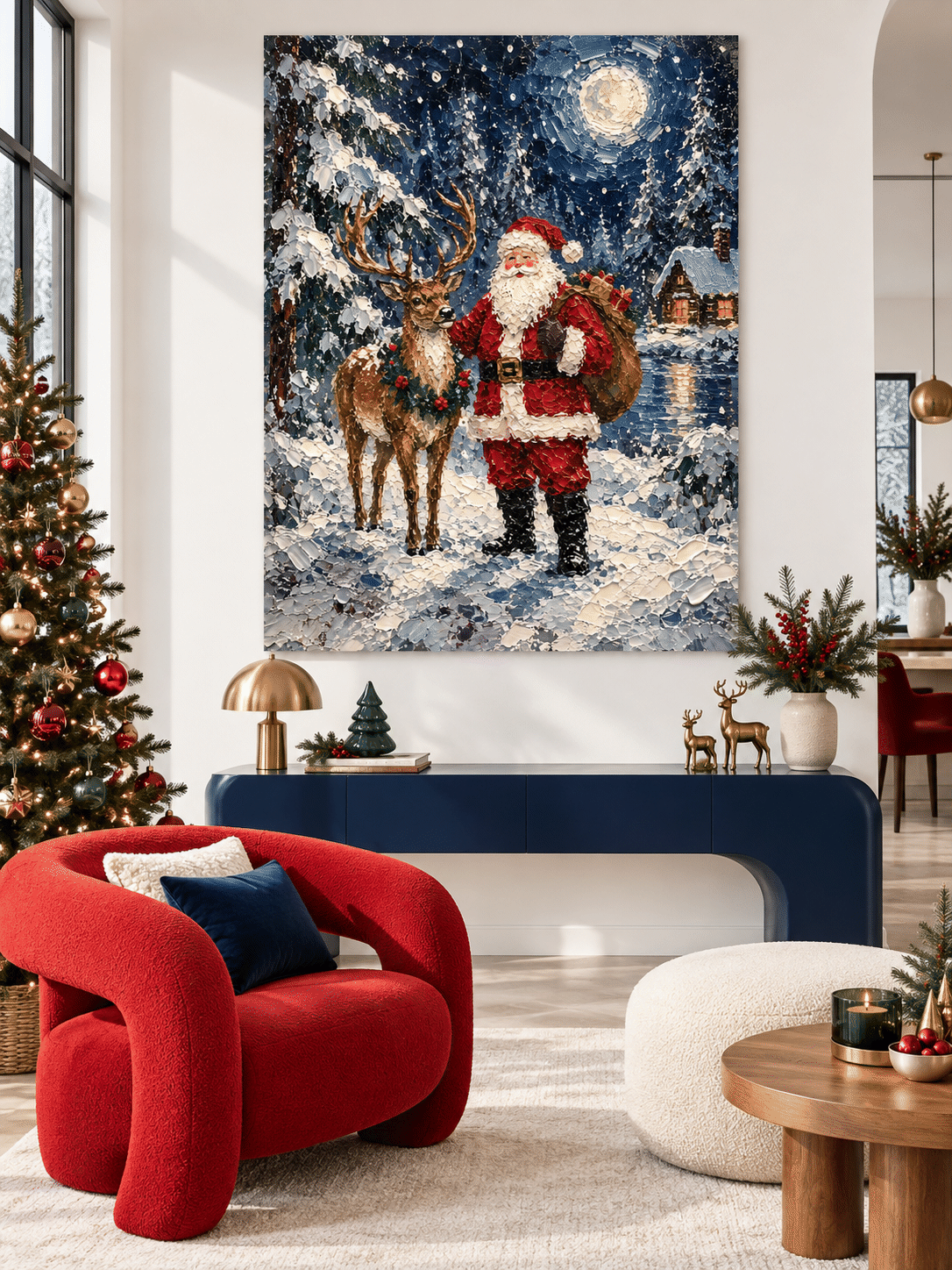 Santa And Reindeer Hand-Painted Canvas Art With Snowy Night Scene