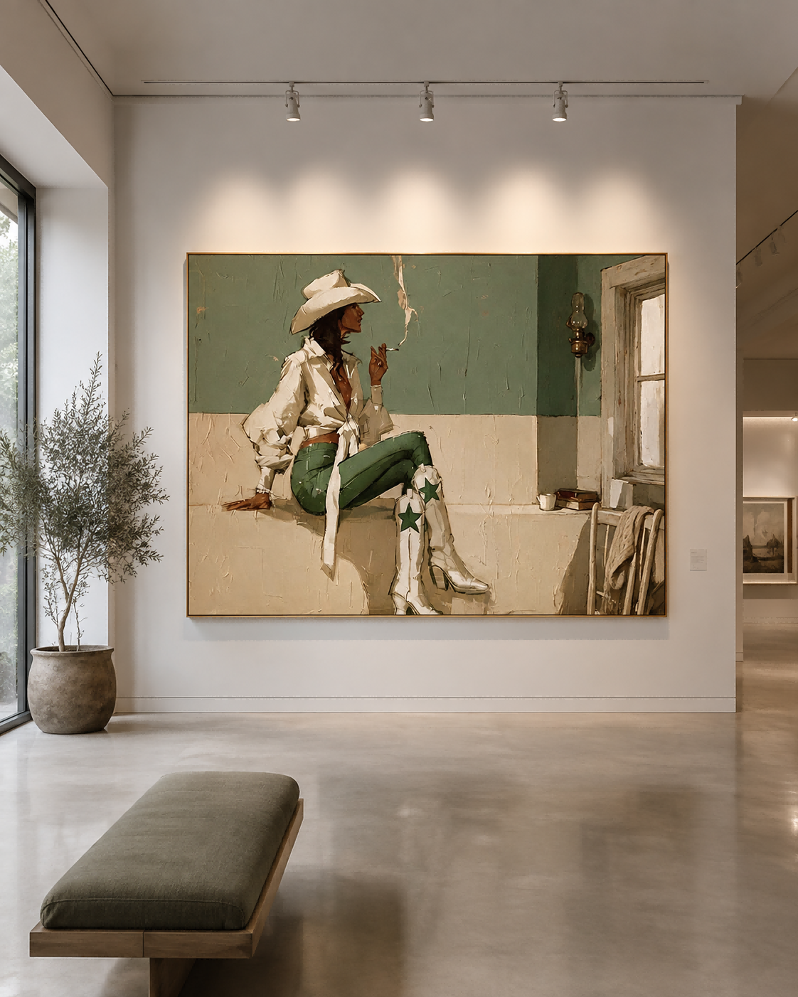 Modern Western Cowgirl Art Painting With Green And White Tones For Living Room Decor