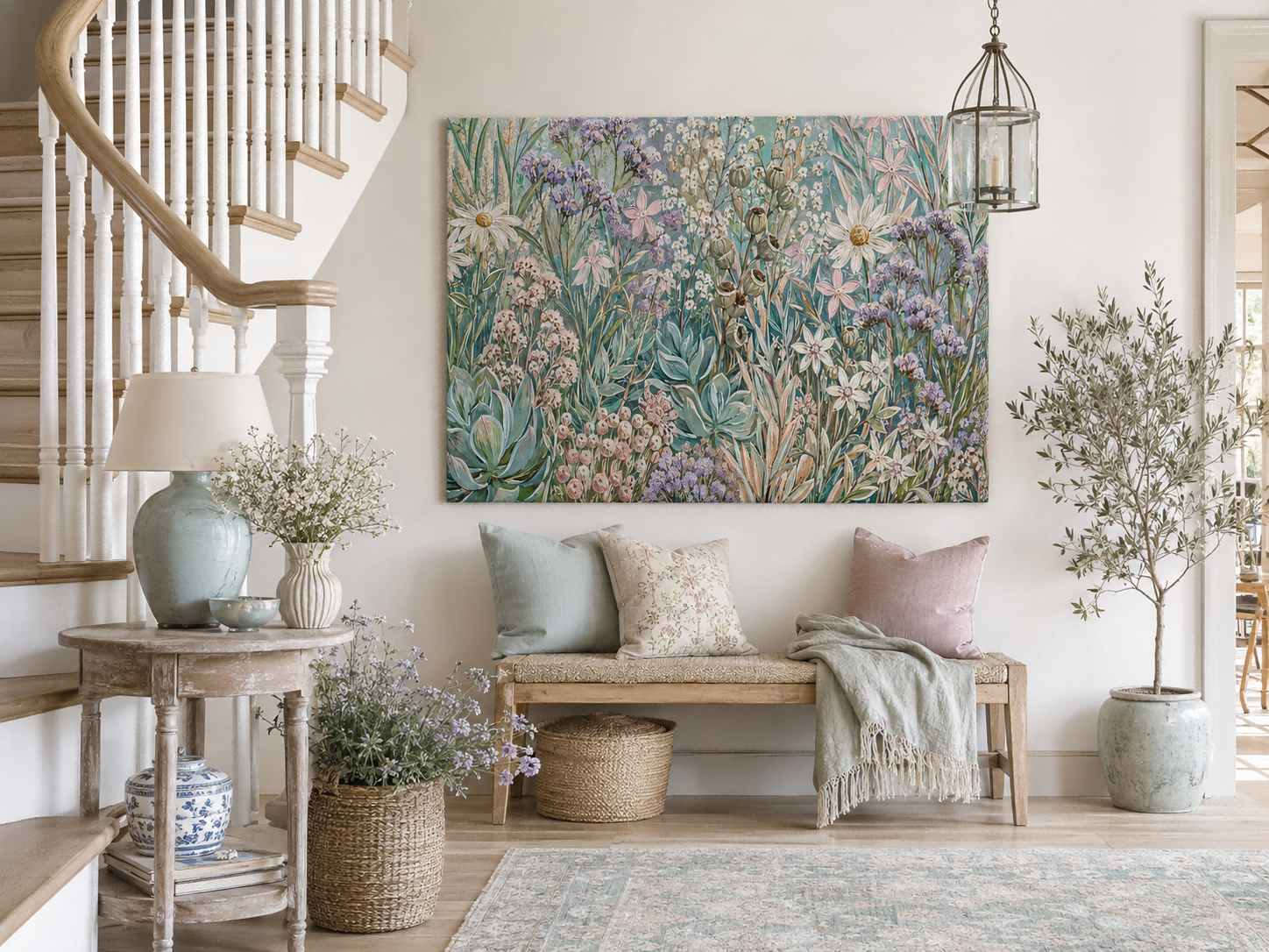 Romantic Wildflower Canvas Painting With Dried Grasses For Bedroom Or Lounge Decoration