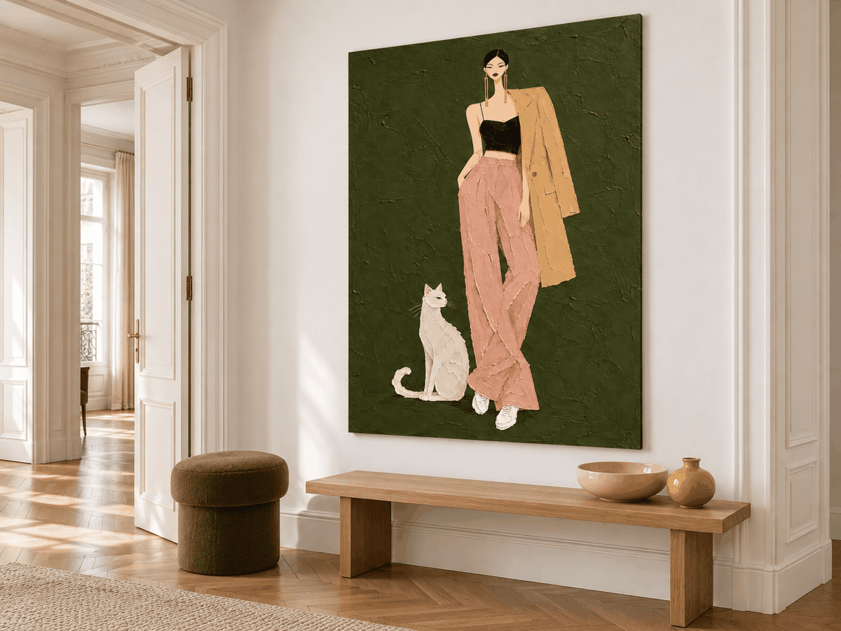 Textured Impasto Style Painting Of A Chic Woman And Her Cat