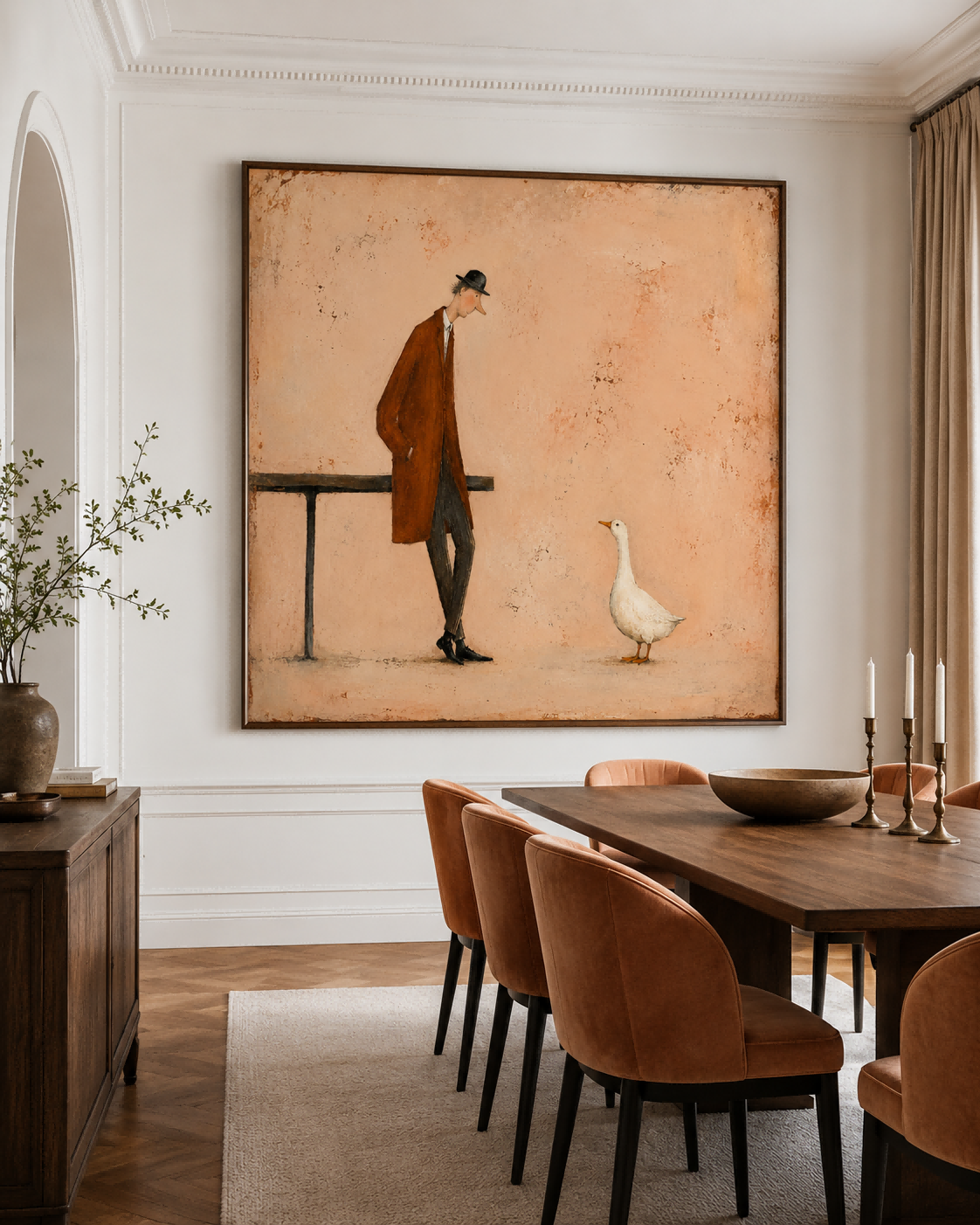 Retro Storytelling Art Hand-Painted Canvas Warm Beige Tone Original