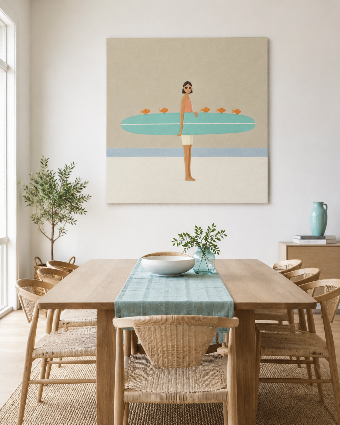 Girl With Surfboard And Fish Modern Abstract Canvas Painting Abstract Minimalist Art With Orange Accents Hand Painted Oil