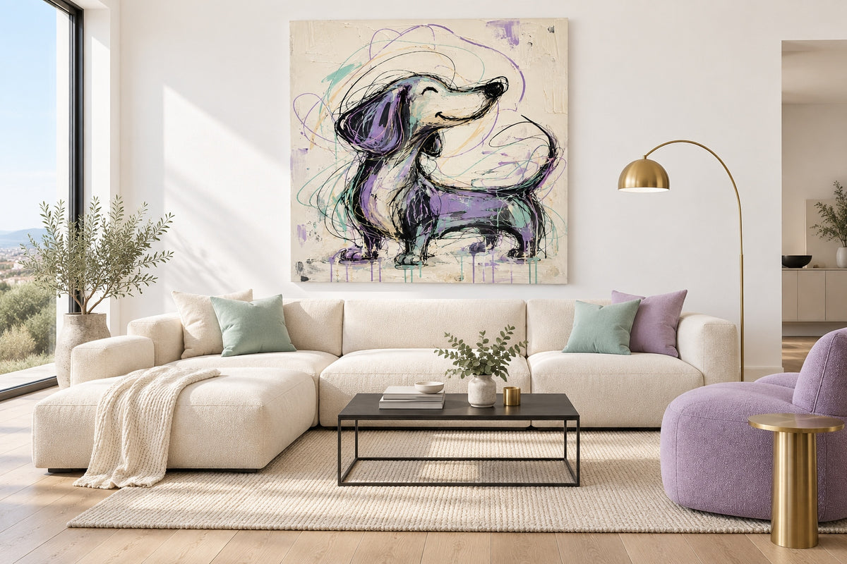 Hand-Painted Purple Dachshund Canvas Art With Graffiti Style