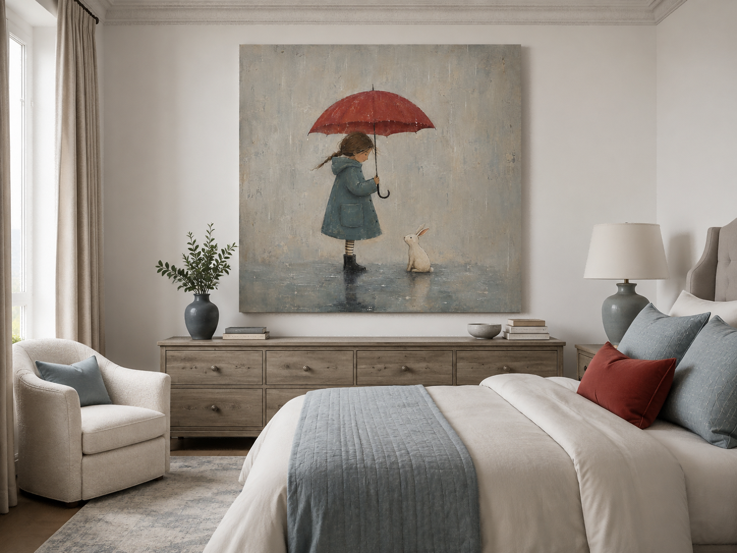 Original Hand Painted Girl And Bunny In Rain Square Artwork For Modern Interior Design