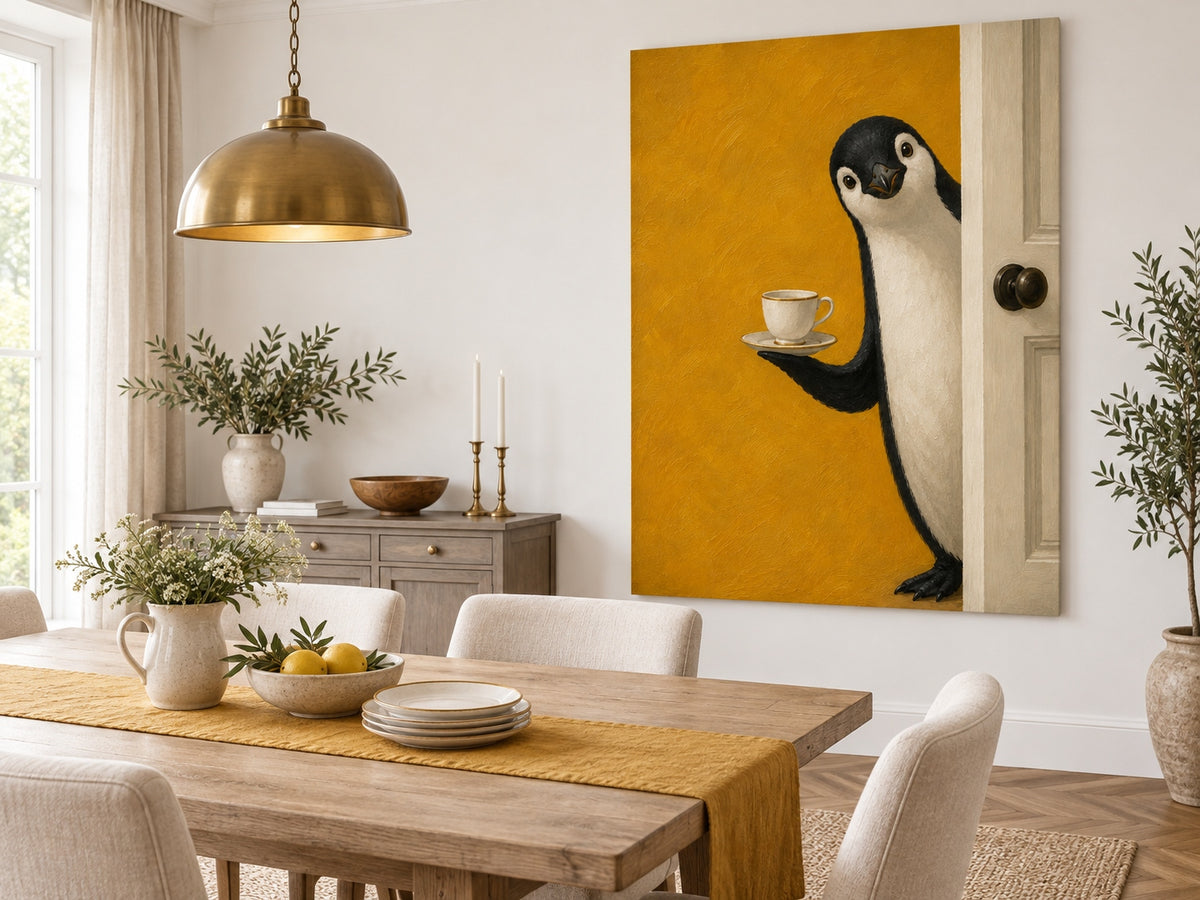 Hand-Painted Penguin With Tea Cup Modern Animal Canvas Art