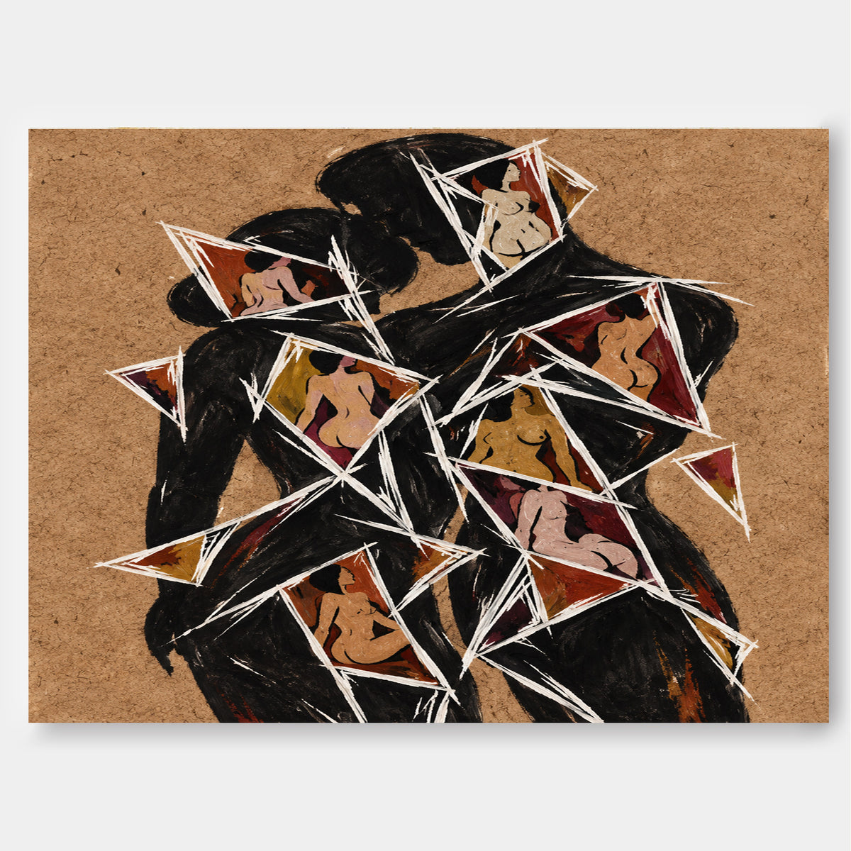 Abstract Lovers Silhouette Hand-Painted Canvas Art With Geometric Shards Cubist Romantic Art