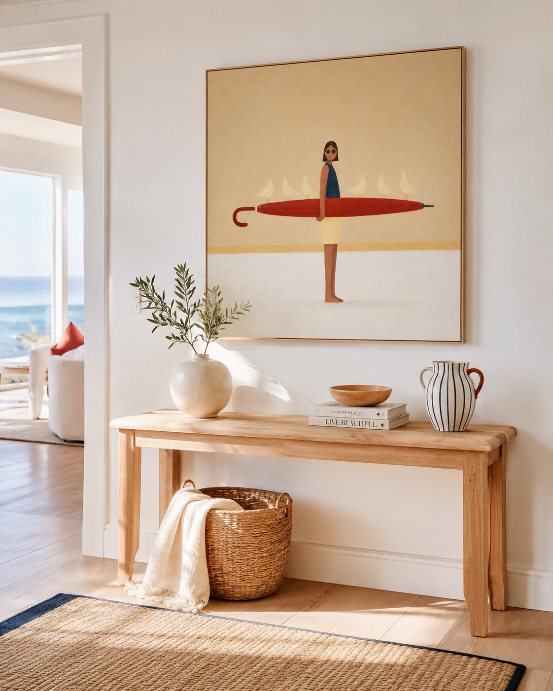 Woman With Red Umbrella And Birds Hand-Painted Canvas Art Abstract Figurative Painting With Playful Modern Aesthetic