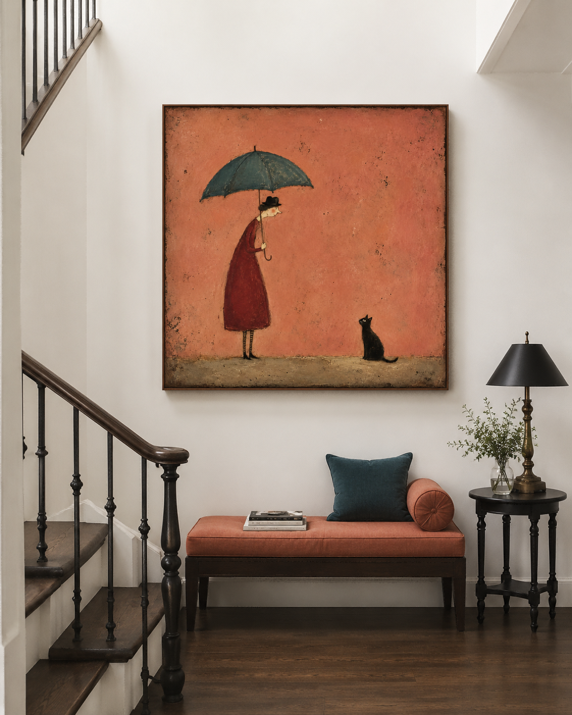 Whimsical Retro Illustration Style Original Art On Canvas Lady With Umbrella And Black Cat Vintage Canvas Painting