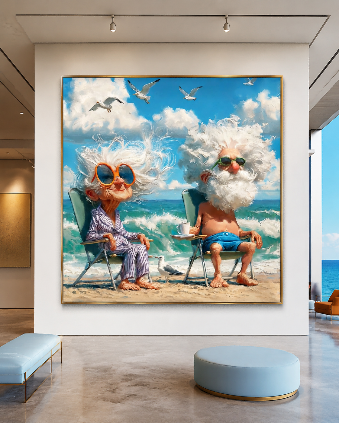 Funny Elderly People Painting Square Canvas Wall Art For Home