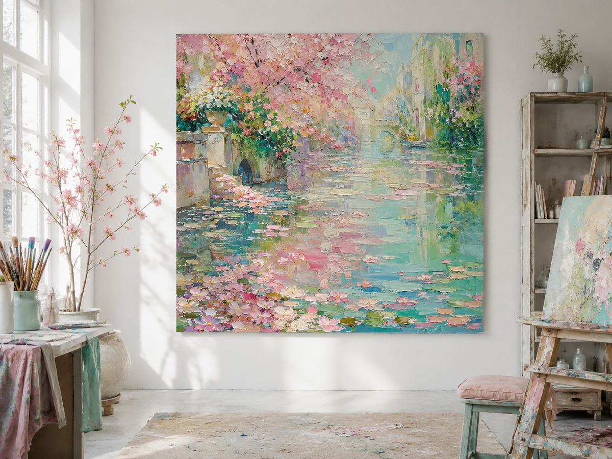 Modern Impressionist Style Pink And Green Textured Wall Art With Flowers