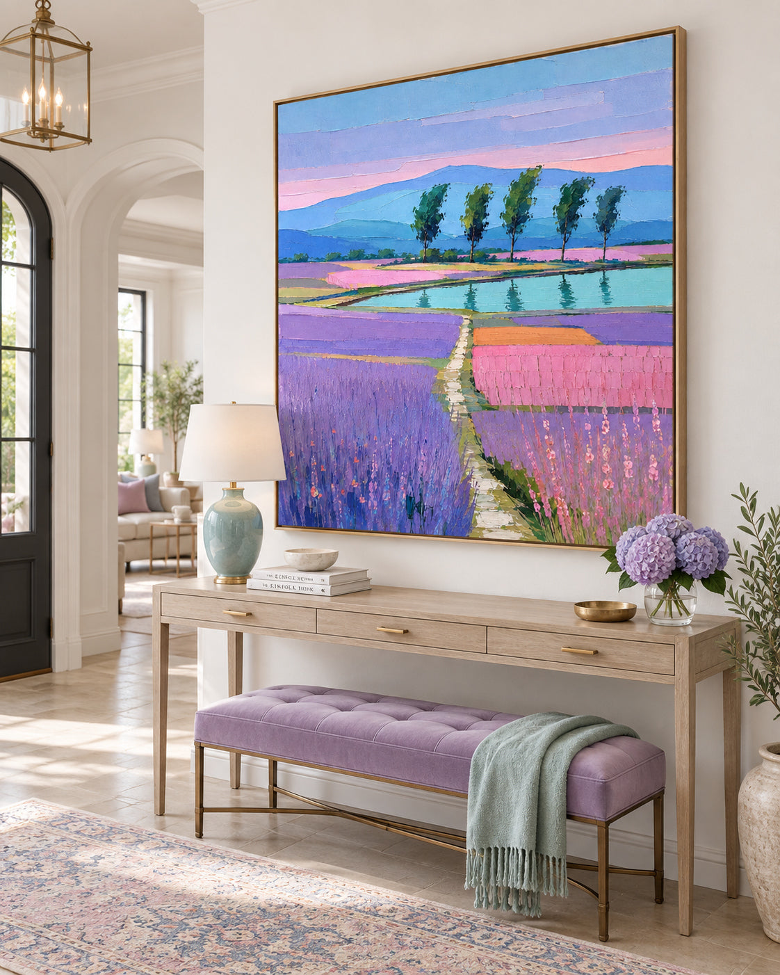 Hand-Painted Lavender Landscape Canvas Art With Lake And Trees In Purple Pink Tones