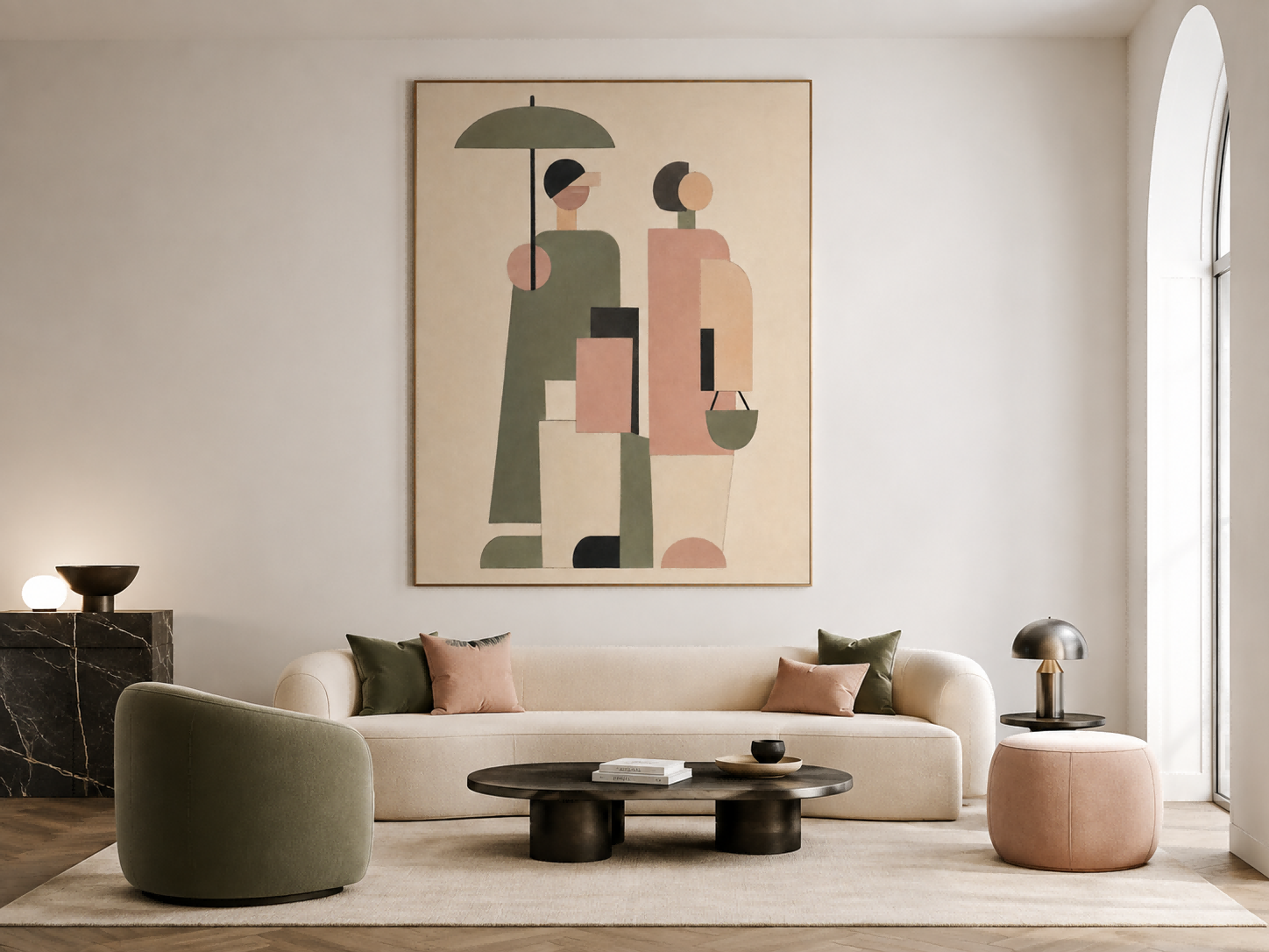 Abstract Geometric People Painting Hand-Painted Canvas Art With Umbrella In Beige Green Pink