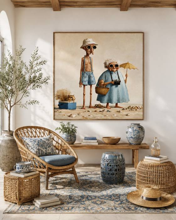 Vintage Couple Beach Painting Square Canvas Wall Art For Living Room Decor