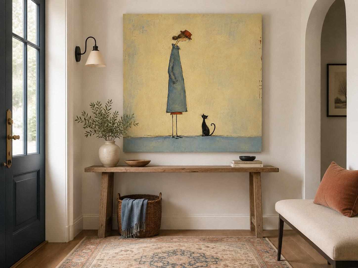 Minimalist Illustration Art Print Featuring Girl And Cat Companion