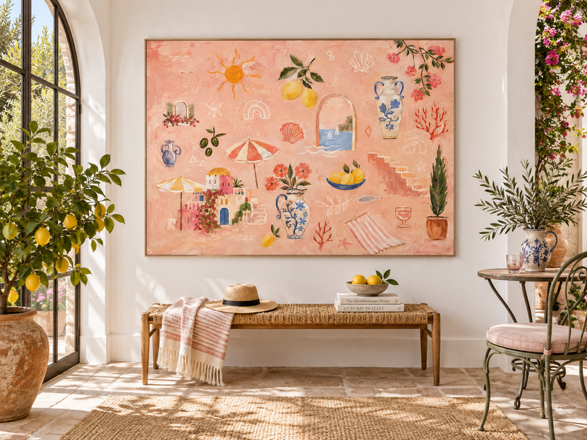 Modern Abstract Pink Orange Painting Romantic Summer Vibe Art
