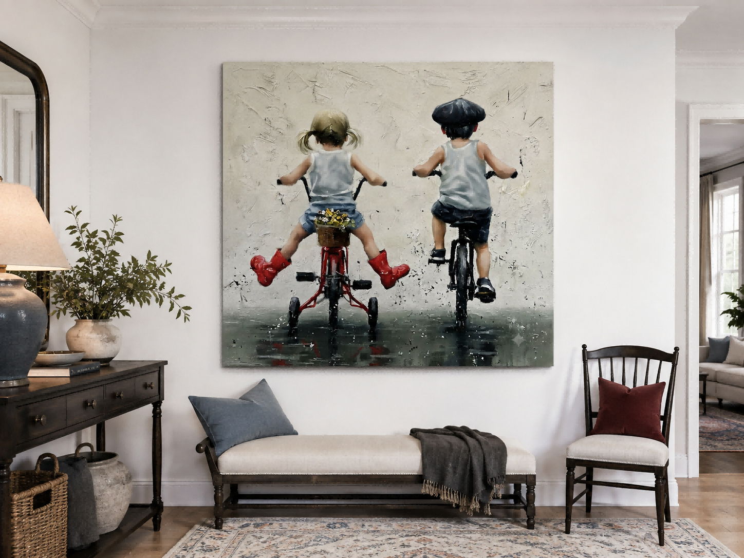 Charming Kids Riding Bikes In Rain Original Oil Painting Square Canvas Wall Art For Nursery