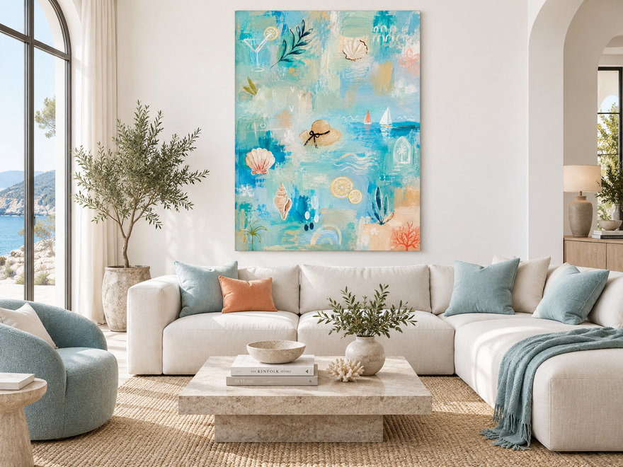 Seaside Abstract Canvas Painting With Shells And Sailboats For Beach Decor
