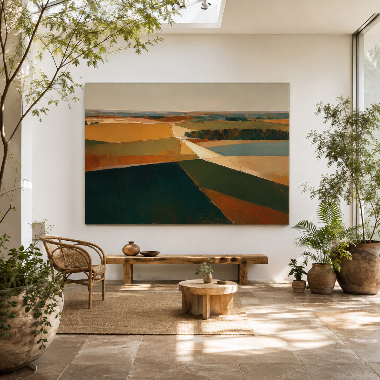 Modern Abstract Landscape Painting With Earth Tones For Living Room Decor