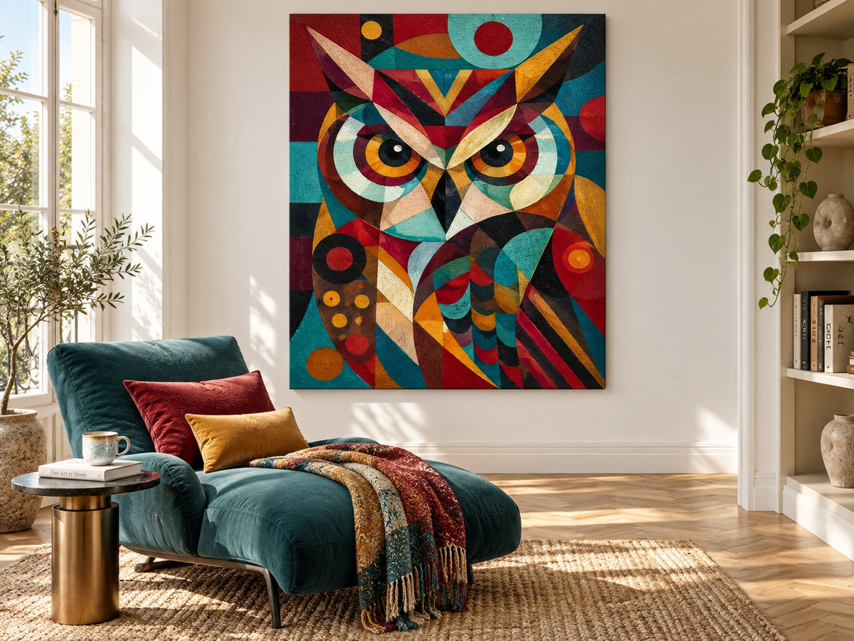 Vintage Cubism Inspired Owl Painting With Textured Geometric Patterns