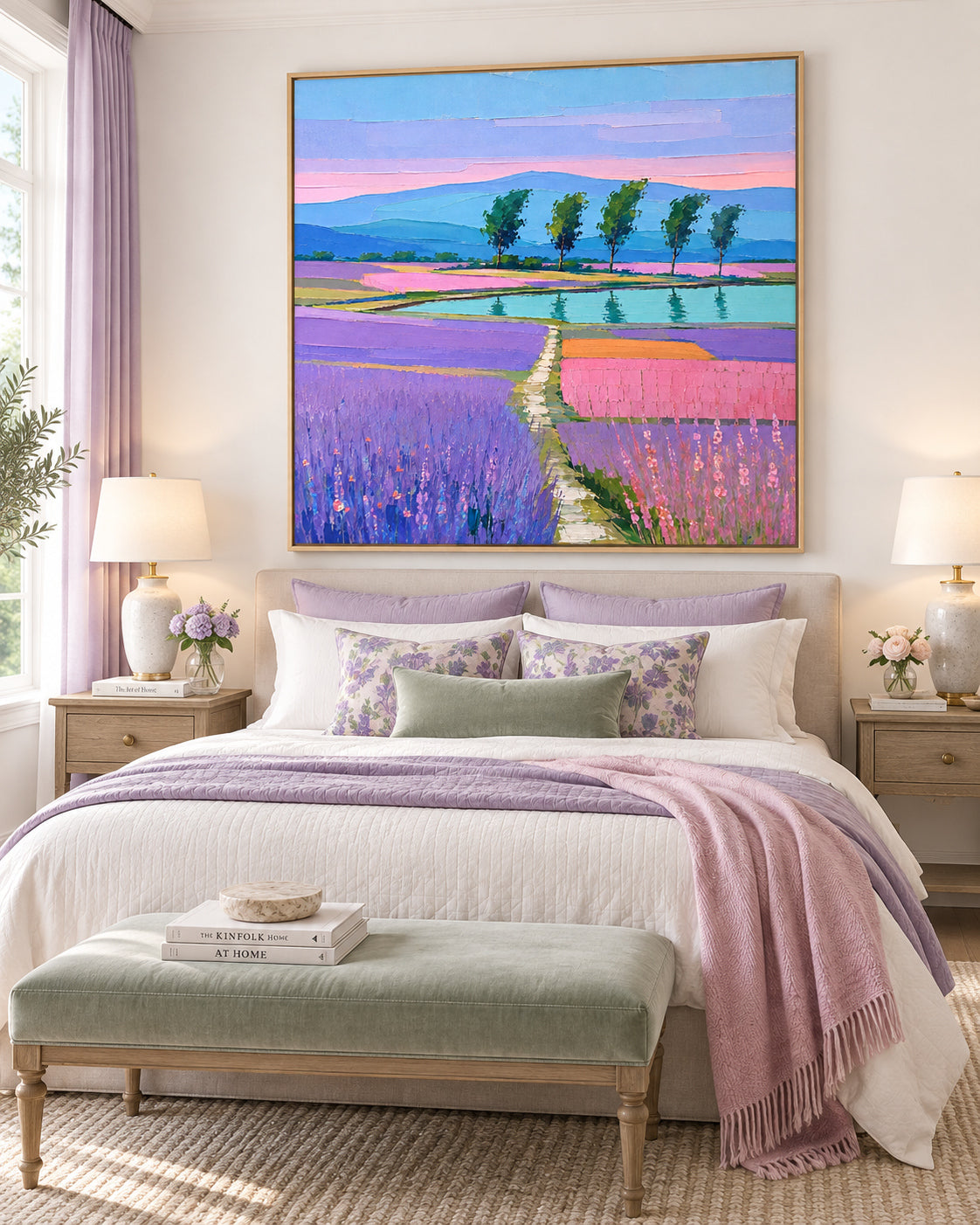 Hand-Painted Lavender Landscape Canvas Art With Lake And Trees In Purple Pink Tones