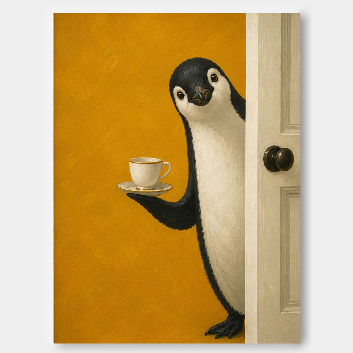 Hand-Painted Penguin With Tea Cup Modern Animal Canvas Art