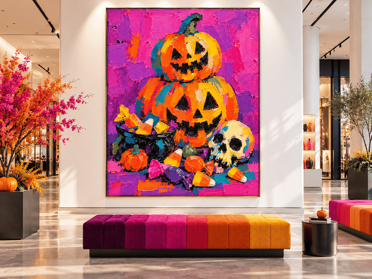 Hand-Painted Halloween Pumpkin And Skull Canvas Art With Candy