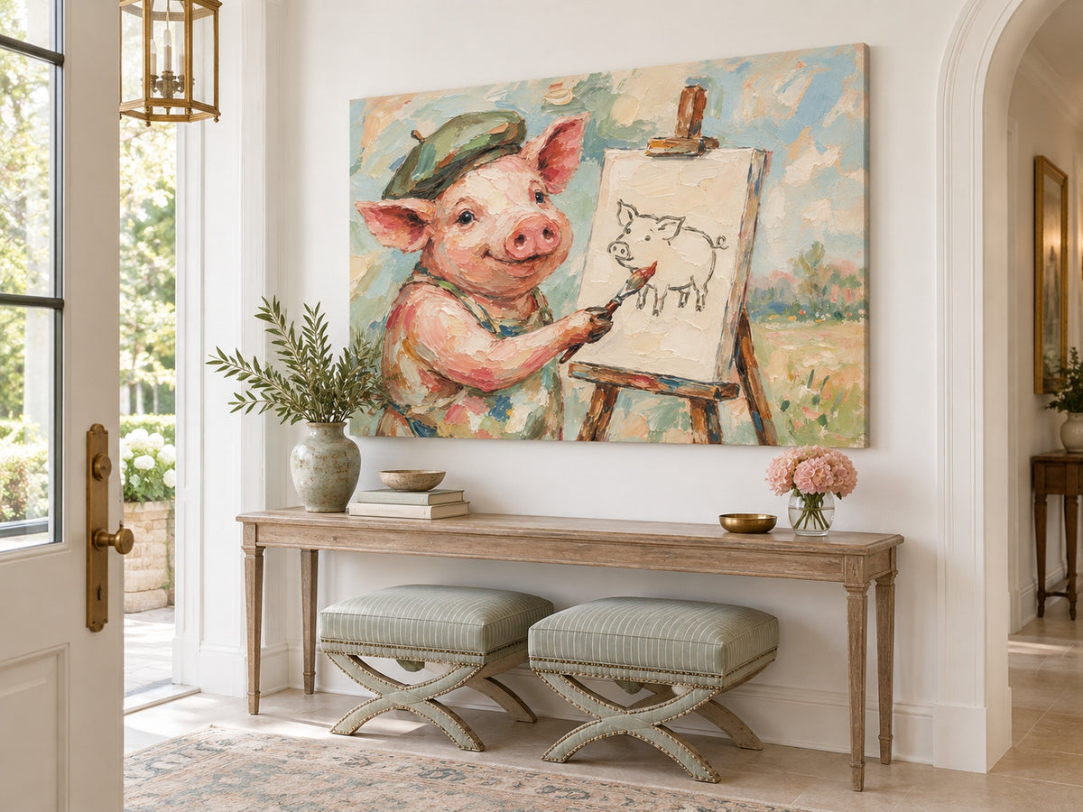 Textured Minimalist Cartoon Oil Painting Of A Creative Pink Pig