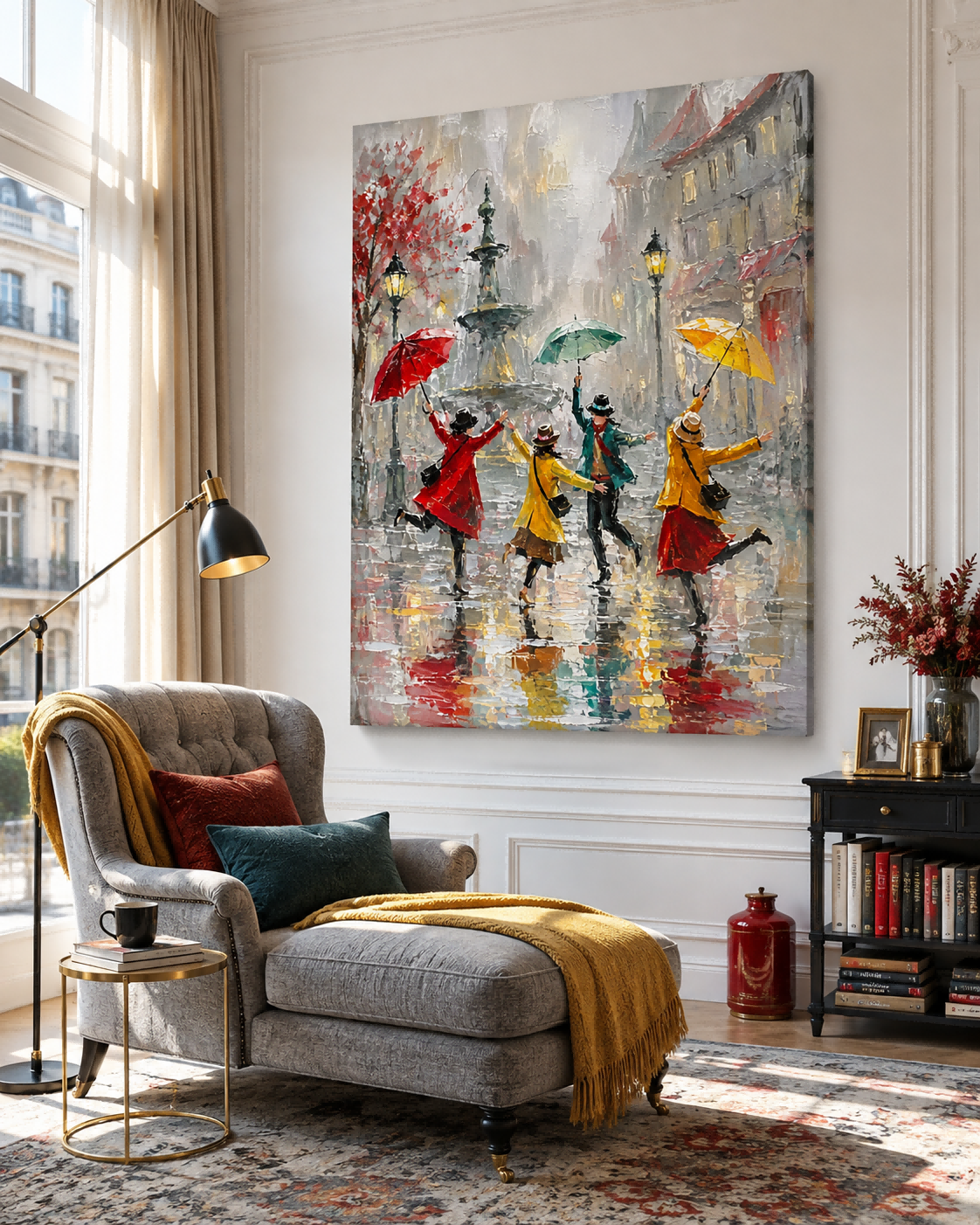Colorful Umbrella Street Scene Canvas Art With Fountain And Lamp Post Details