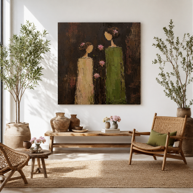 Minimalist Vintage Women Painting With Pink Flowers In Square Canvas Art For Living Room Decor