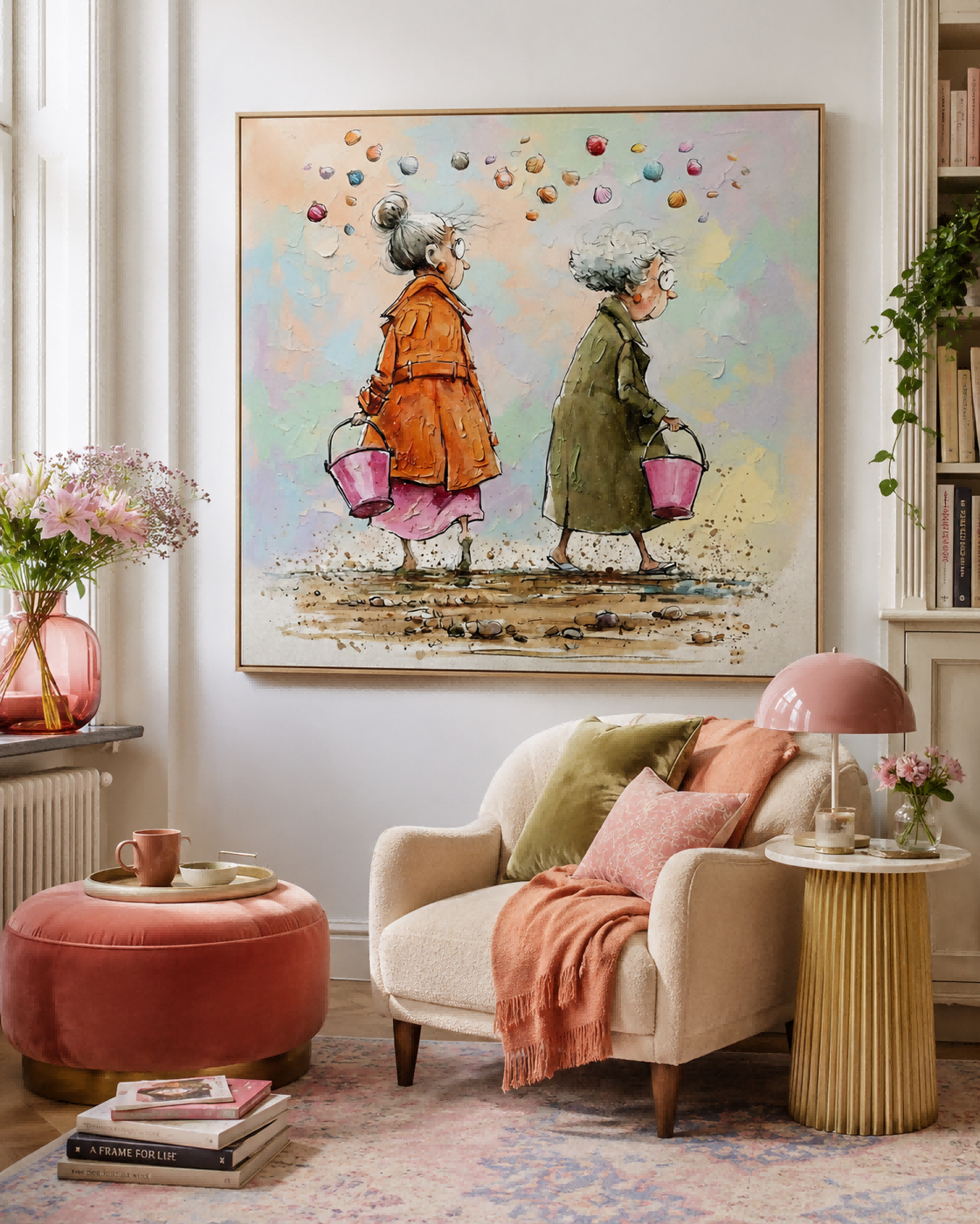 Square Wall Art For Living Room Featuring Whimsical Beach Scene With Two Ladies
