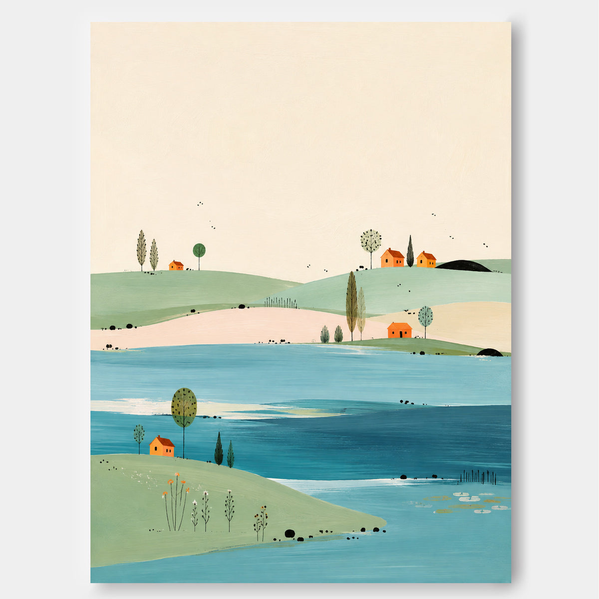 Minimalist Lake House Landscape Canvas Painting Hand-Painted Original Art